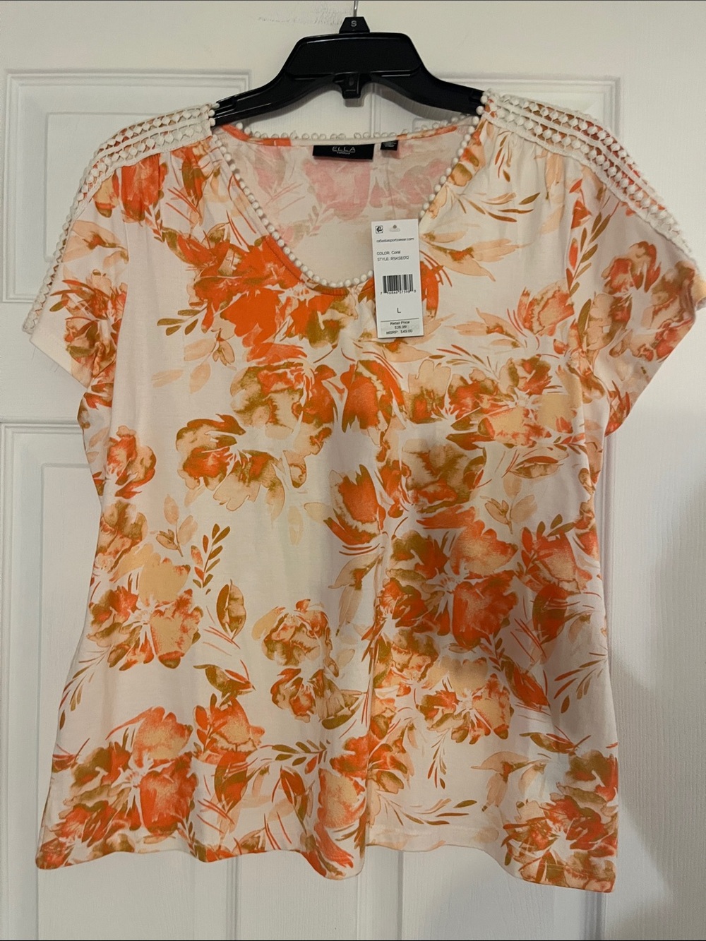 Ella Orange and White Floral Crochet-Trim Short Sleeve Tee